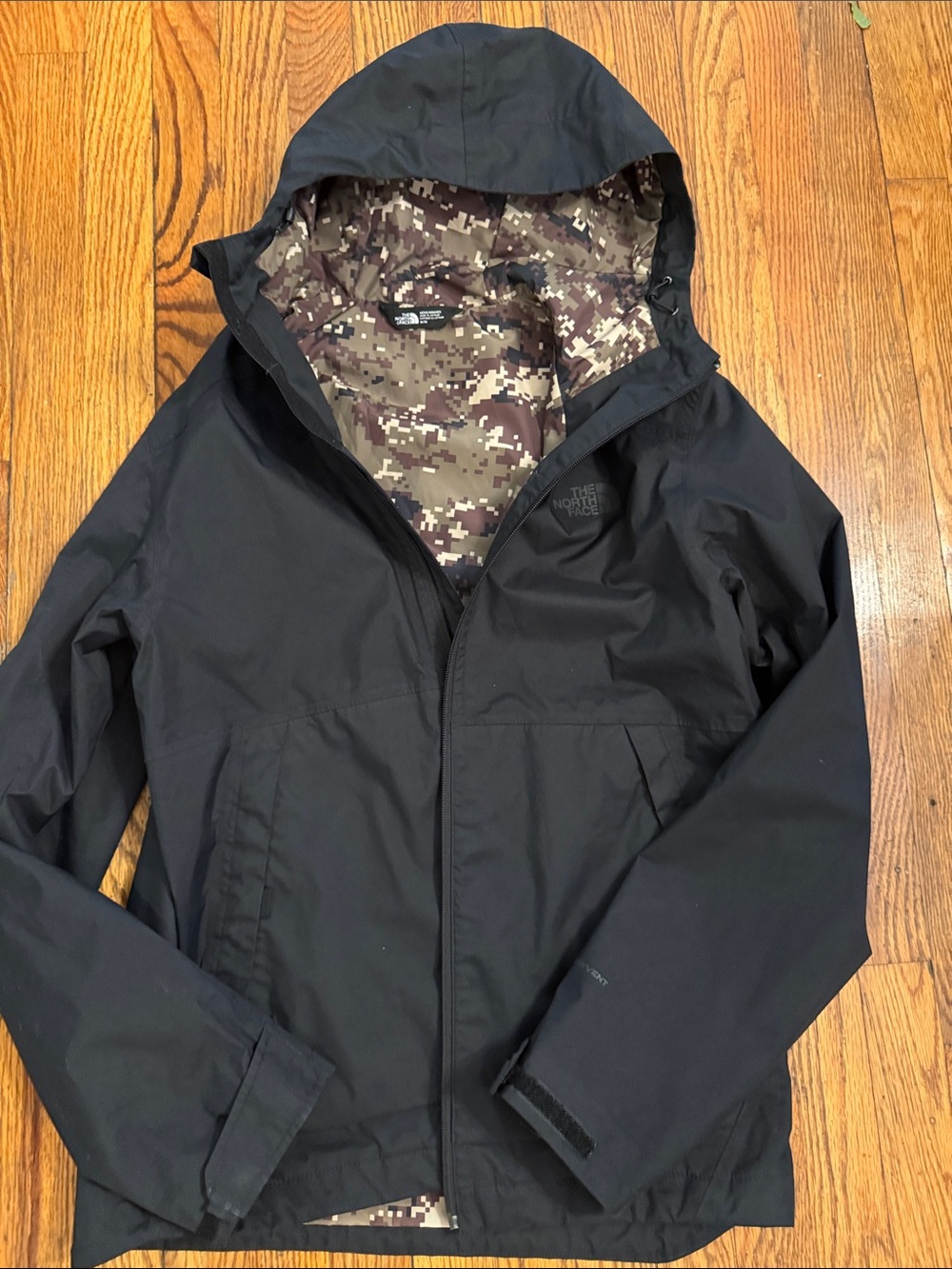 The North Face Black Hooded Rain Jacket with Digital Camo Lining